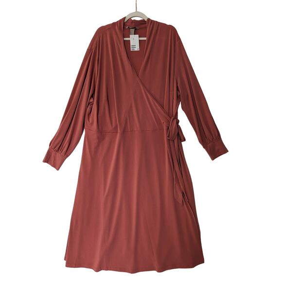 H&M Womens Cinnamon‎ Jersey Knit Wrap Dress Midi Size 4X Long Sleeves Office New - Picture 1 of 8